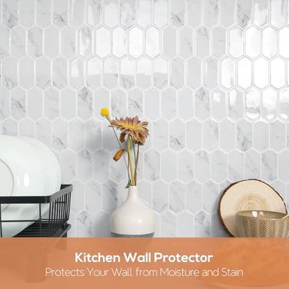Vamos Tile Upgraded Thicker Design Backsplash Tile Peel and Stick, 10-Sheet Grey Marble Long Hexagon Self Adhesive Wall Tiles Stick On Backsplash for Kitchen Bathroom RV Fireplace