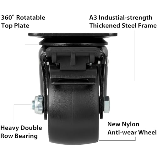 Finnhomy 3 Inch Caster Wheels Set of 4 Heavy Duty Low Profile Plate Swivel Casters with Brake Premium Solid Nylon Wheels 4,400 Lb Anti-wear Lockable Furniture Caster Sturdy for Toolbox Workbench Black - size: 3" (with Brake)