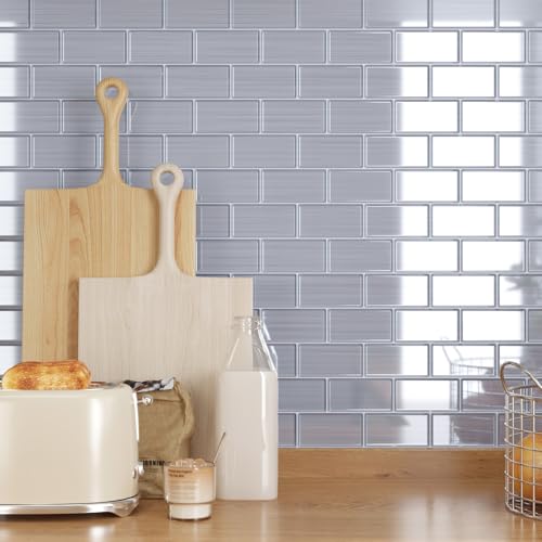CRE8TIVE 16 Sheets Silver Peel and Stick Subway Tile Backsplash for Kitchen Bathroom 12"x12" 3D Metallic Stainless Steel Look Wall Tile Waterproof Stick on Backsplash Tiles for Living Room Fireplace - size: 12"x12" (16-Sheets)