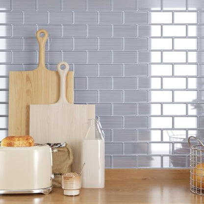 CRE8TIVE 16 Sheets Silver Peel and Stick Subway Tile Backsplash for Kitchen Bathroom 12"x12" 3D Metallic Stainless Steel Look Wall Tile Waterproof Stick on Backsplash Tiles for Living Room Fireplace - size: 12"x12" (16-Sheets)