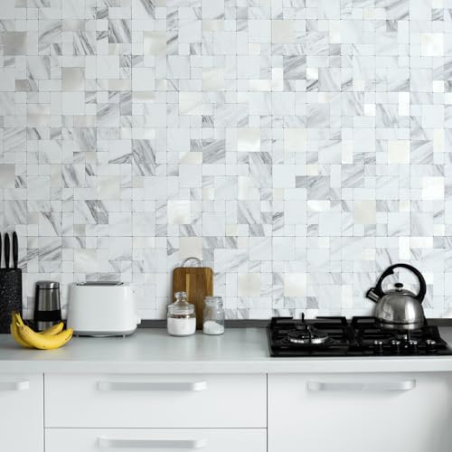 DICOFUN 1 Sheet White Marble Look Peel and Stick Tile Backsplash, Mixed Metal Silver Chips Kitchen and Bathroom Tiles, Stick on Backsplash for Stove - color: White Marble and Metal Silver, size: 1 Sheet, 12"x12"x0.12"