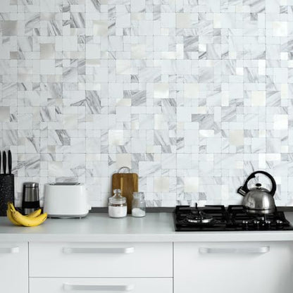 DICOFUN 1 Sheet White Marble Look Peel and Stick Tile Backsplash, Mixed Metal Silver Chips Kitchen and Bathroom Tiles, Stick on Backsplash for Stove - color: White Marble and Metal Silver, size: 1 Sheet, 12"x12"x0.12"