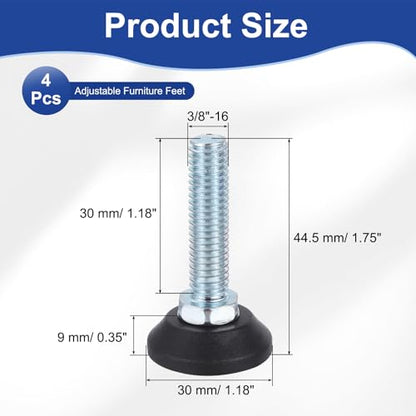 uxcell 3/8"-16 Thread Furniture Feet Levelers, 4Pcs 30mm l Adjustable Furniture Feet Screw in Threaded Leveling Leg Screw on Chair Foot Glides Leveling for Table Chair Cabinet Black - size: 3/8"-16 30mm