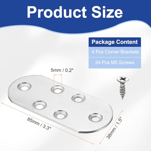 HARFINGTON 4pcs Straight Bracket 3.3" x 1.5" Stainless Steel Flat Fixing Brackets Mending Plate Corner Brace Connector with 24 Screws for Wood Board Bed Frame Furniture Shelves, Silver - size: 3.3" x 1.5"