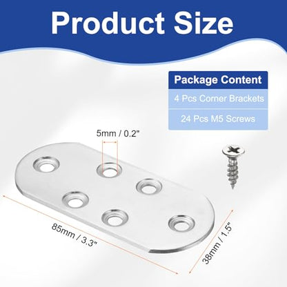 HARFINGTON 4pcs Straight Bracket 3.3" x 1.5" Stainless Steel Flat Fixing Brackets Mending Plate Corner Brace Connector with 24 Screws for Wood Board Bed Frame Furniture Shelves, Silver - size: 3.3" x 1.5"