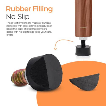 M8 Rubber Adjustable Furniture Leveler，8 Pack Leveling Feet Screws in Threaded, Feet Levelers Screw On Furniture Glide Leveling for Table, Chair, Furniture Legs - size: M8 Thread, 8 Pack