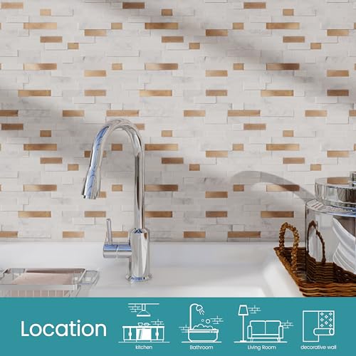 Nicesungdeco 3D Natural Real Stone Peel and Stick Mosaic Backsplash Tiles, 12" x 12" 5-Sheet Backsplash Self Adhesive Tiles for Kitchen Fireplace Vanity (White Gold) - color: WHITE GOLD