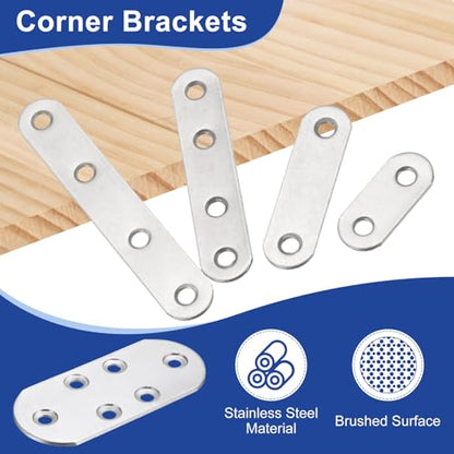 HARFINGTON 4pcs Straight Bracket 3.3" x 1.5" Stainless Steel Flat Fixing Brackets Mending Plate Corner Brace Connector with 24 Screws for Wood Board Bed Frame Furniture Shelves, Silver - size: 3.3" x 1.5"