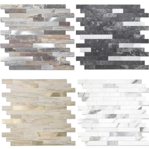 Yipscazo 5 Sheets Peel and Stick Stone Metal Tile Backsplash, Stick on Tiles for Backsplash Kitchen, Bathroom, Laundry Room, Camper, Fireplace (12'' X 12'', White Stone with Gold) - color: White Stone with Gold