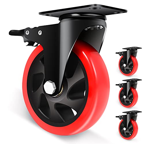 Nefish Swivel Caster Wheel for Cart, 5 Inch Industrial Casters Set of 4 - Heavy Duty Top Plate Casters with Brake 2200 Lbs, 360 Degree Polyurethane Wheels for Cart, Trolleys, Furniture, Equipment - size: 5 IN