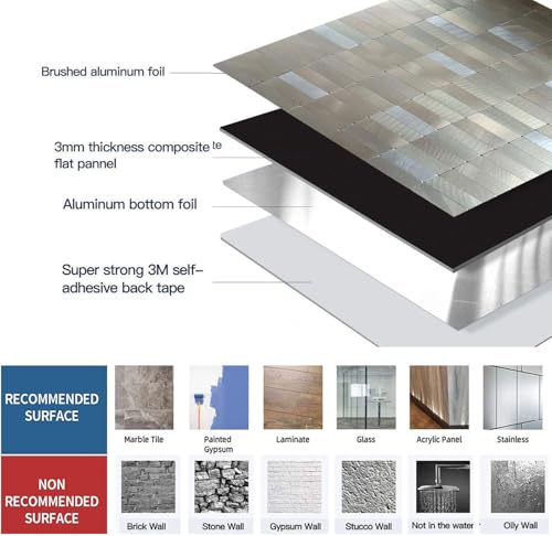 XUANINY Peel and Stick Tile Backsplash Self- Adhesive Wall Tiles Aluminum Mosaic Sticker for Kitchen (11.33"x11.92" Per Sheet, Pack of 8 pcs) (Frosted Champagne+Frosted Silver 8) - color: Frosted Champagne+Frosted Silver 8