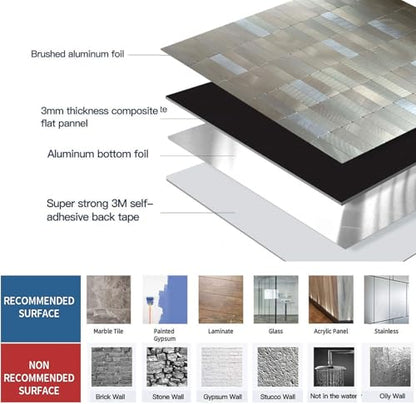 XUANINY Peel and Stick Tile Backsplash Self- Adhesive Wall Tiles Aluminum Mosaic Sticker for Kitchen (11.33"x11.92" Per Sheet, Pack of 8 pcs) (Frosted Champagne+Frosted Silver 8) - color: Frosted Champagne+Frosted Silver 8