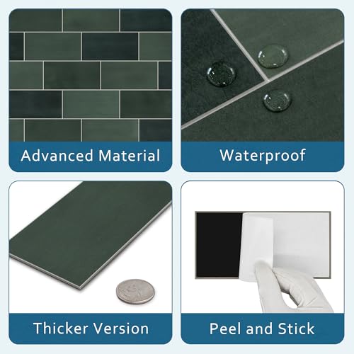 100-Sheet Subway Peel and Stick Backsplash Tile, 6" x 3" Green Mixed Stone Composite Handmade Looks Self Adhesive Waterproof Wall Tile, Stick on Tiles for Kitchen Bathroom - color: Green Mixed, size: Subway