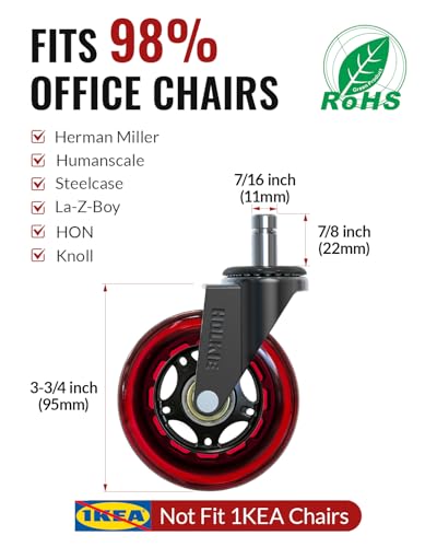 HOLKIE Gaming Chair Wheels Red Core Silent Roller Blade Casters - color: Red