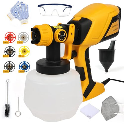1000W HVLP Paint Sprayer High-Efficiency Electric Spray Gun with 6 Nozzles, 3 Patterns & Adjustable Flow, 40oz (1200ml) Detachable Container, Easy to Clean, for Home Improvement Projects