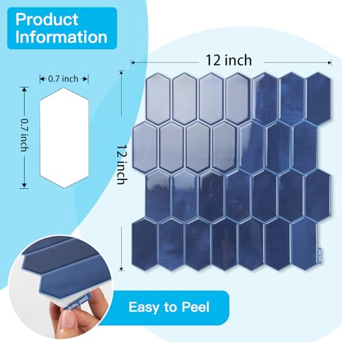 Art3d Hexagon Tile Peel and Stick Backsplash, 10-Pack, 12" x 12", Dark Blue - color: Dark Blue, size: 12 x 12 Inch
