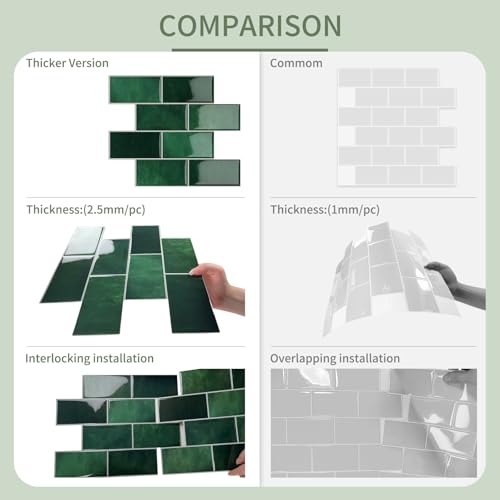10-Sheet Thick Peel and Stick Kitchen Backsplash Tiles - color: Dark Green