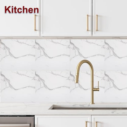 HARFINGTON 15pcs Peel and Stick Marble Tiles, Waterproof Wall Panel Backsplash, 12"x12" PVC Peel and Stick Shower Tiles for Bathroom, Kitchen, Living, White with Grey Veins Design - style: White with Grey Veins