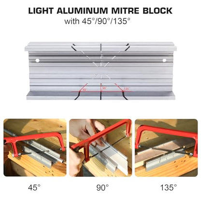 HAUTMEC Mini Miter Box, 5.3" Aluminum Mitre Block for 45°, 90°, 135° Precision Angle Cuts, Thick-Wall Reinforced Mitre Guide for Wood, Metal, Plastic, Trim & Craft Projects (HT0417) - style: Mini Miter Box