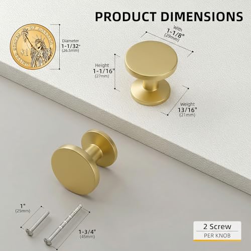 Goldenwarm 10 Pack Brushed Brass Cabinet Knobs Round Gold Drawer Knobs - color: Brushed Brass, size: Single Hole Center