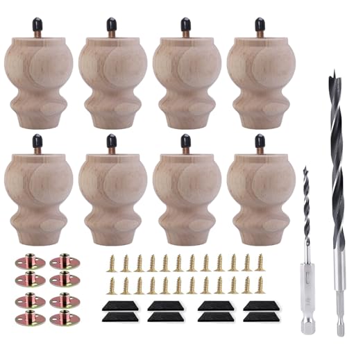 3 Inch Wooden Unfinished Bun Feet for Dresser Legs Couch Sofa Cabinet Ottoman DIY Replacement Wood Furniture Legs Set of 8 M8 Bolt Screw in (3”)