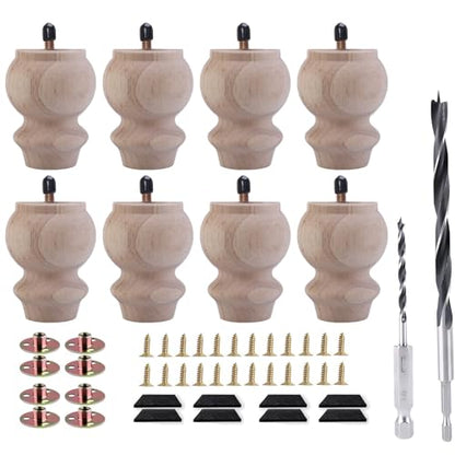 3 Inch Wooden Unfinished Bun Feet for Dresser Legs Couch Sofa Cabinet Ottoman DIY Replacement Wood Furniture Legs Set of 8 M8 Bolt Screw in (3”)