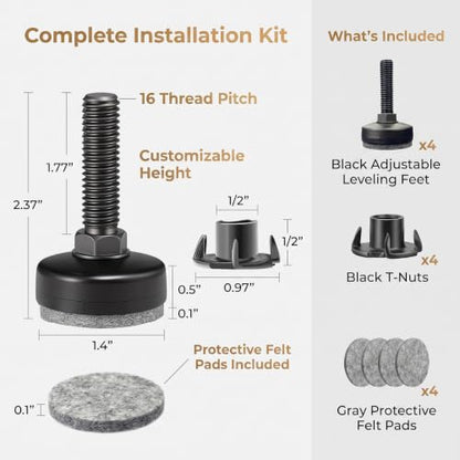 Threaded Furniture Leveling Feet, Levelers with T-Nuts & Pads (4 PCS)