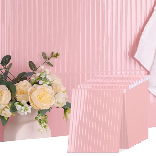 Backsplash Tile Peel and Stick, Self-Adhesive White Decorative Wall Tiles for Kitchen, Modern Glossy Slatted Design Backsplash Tiles for Kitchen, Bathroom, RVs (11.43x9 inch) - color: Pink
