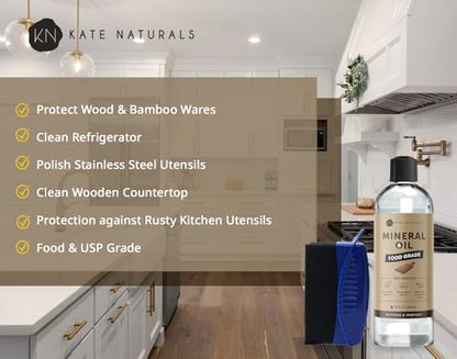 Kate Naturals Mineral Oil for Cutting Board 12oz with Wax Applicator - size: 12 fl oz
