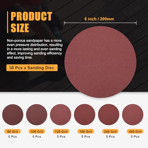 30Pcs 8In Sanding Disc 80-400Grit Round Sanding Paper - size: 8"(80/100/120/180/240/400 Grit)