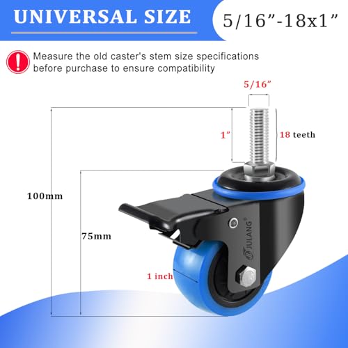 2 inch Caster Wheels 5/16 Threaded Stem Casters Set of 4 Heavy Duty - color: blue, size: 2in (5/16"-18)