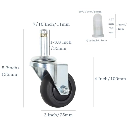 Stem Casters Wheel, 7/16" x 1-3/8" Swivel Casters (Without Brake, 3 Inch) - color: Without Brake, size: 3 Inch