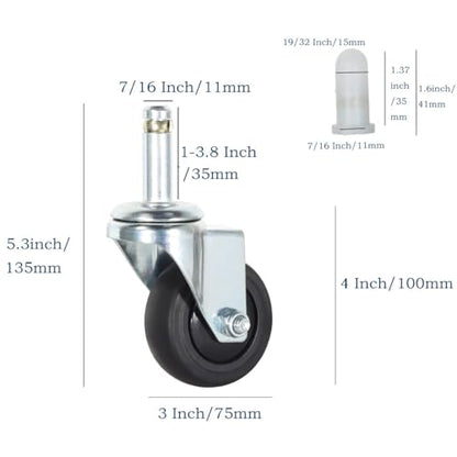 Stem Casters Wheel, 7/16" x 1-3/8" Swivel Casters (Without Brake, 3 Inch) - color: Without Brake, size: 3 Inch