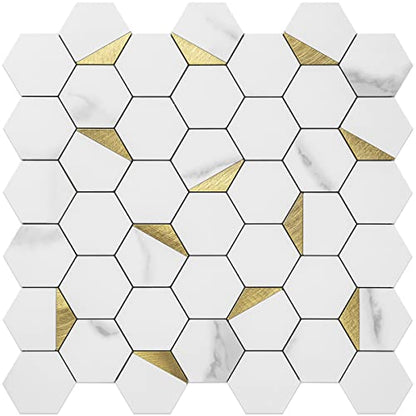 DICOFUN 10-Sheet Hexagon Tile Peel and Stick Backsplash, White Marble Look PVC Mixed Golden Metal Mosaic Tiles for Kitchen and Bathroom - color: Marble White + Gold Metal Chip, size: 10 Sheets, 12''x12''x0.12''