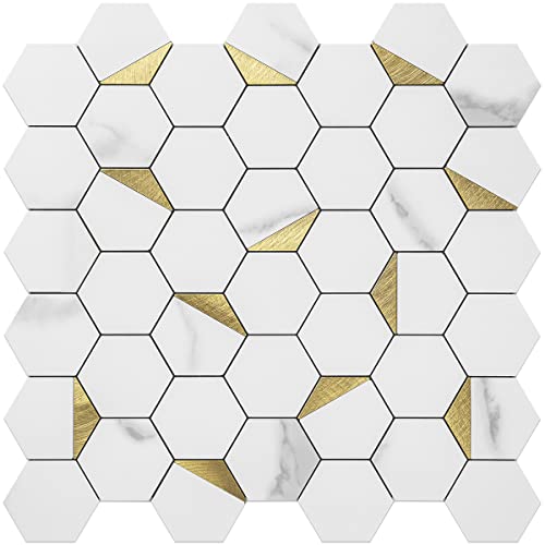 DICOFUN 1 Hexagon Tile Peel and Stick Backsplash, White Marble Look PVC Mixed Golden Metal Mosaic Tiles - color: Marble White + Gold Metal Chip, size: 1 Sheet, 12''x12''x0.12''