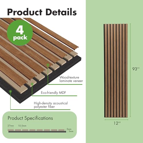 Art3d 12" x 93" Acoustic Wood Slat Wall Panel, 4pcs, 31 sq.ft, Deep Walnut - color: Deep Walnut, size: 12" x 93"