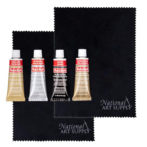 Amaco Rub and Buff 4pc Color Set 0.5oz Gilding Wax, 5"x7" Microfiber Cloths - color: 4-Piece Set