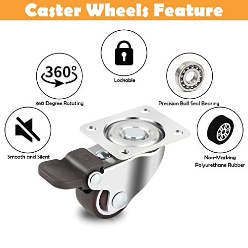 HOWDIA 1.5" Caster Wheels Low Profile Casters Set of 4 Heavy Duty, 360 Degree Rotation Furniture Casters Top Plate Soft Rubber Wheels for Furniture, 150 Lb Total Capacity(2 with Brakes & 2 Without) - style: 1.5" Square