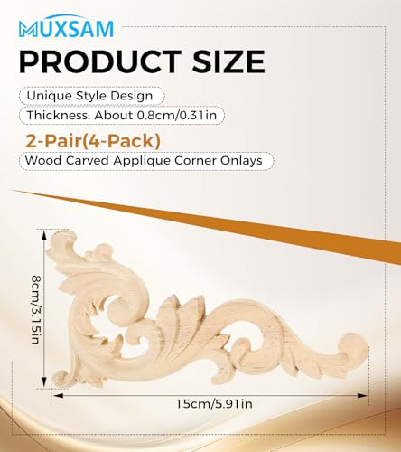 Wood Carved Appliques Onlays, 2-Pair Unpainted Small Wooden Carvings Decals - color: 4-pack