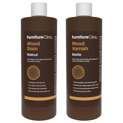 Furniture Clinic 17 oz Walnut Wood Stain + 500ml Matte Wood Varnish | Water Based | Fast Drying, Low Odor, & Non-Toxic | for Indoor & Outdoor Furniture and More