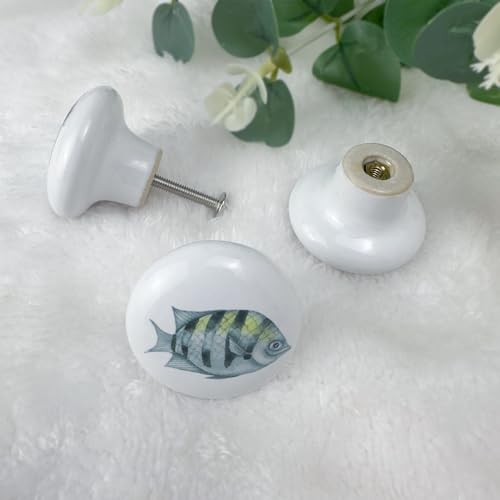 Set of 6 Ceramic Unique Fun Fish Coastal Beach Themed Cabinet Dresser Knobs Drawer Pulls Octopus Door Handle 1.5 X 1.5 Inches - size: coral