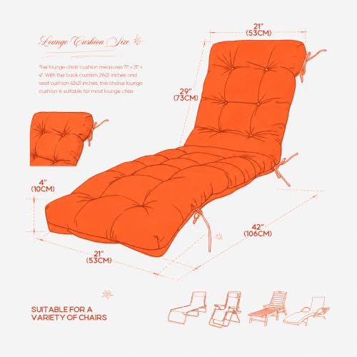 Chaise Lounge Cushions Outdoor Waterproof Lounge Chair Cushion for Outdoor Furniture Thickened Pool Lounge Cushion Replacement Non-Slip with Ties, 71 x 22 x 4.7 Inches, Orange #FX