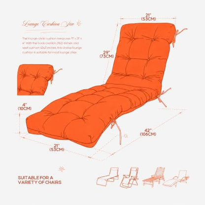 Chaise Lounge Cushions Outdoor Waterproof Lounge Chair Cushion for Outdoor Furniture Thickened Pool Lounge Cushion Replacement Non-Slip with Ties, 71 x 22 x 4.7 Inches, Orange #FX