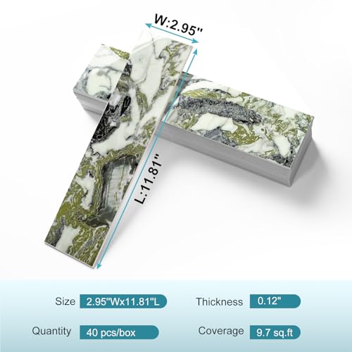 Vamos Tile Peel & Stick Backsplash on Subway Tile,40-Pack 3''x12'',Glossy - color: Ice Green with White Grout