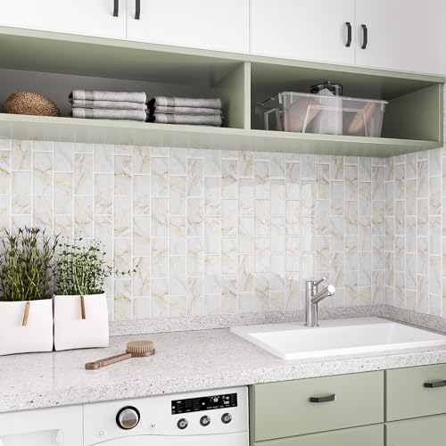 VEELIKE Peel and Stick Backsplash Tile White Gold Marble Subway Peel and Stick Tile for Kitchen Bathroom 12" x 12" Waterproof Renter Friendly Sticky Back Splash Wall Tiles - size: Box of 12 Tiles