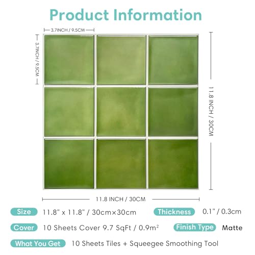 Commomy Matte 3D Peel and Stick Tile 10 Pcs 11.8"x11.8",Green - color: Green Ceramic