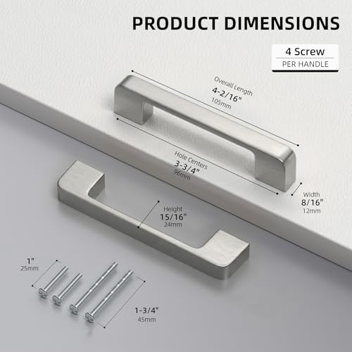 Brushed Nickel Cabinet Pulls 3-3/4" Nickel Cabinet Handles 10 Pack - color: Brushed Nickel, size: 3-3/4 Inch (96 mm) Hole Centers