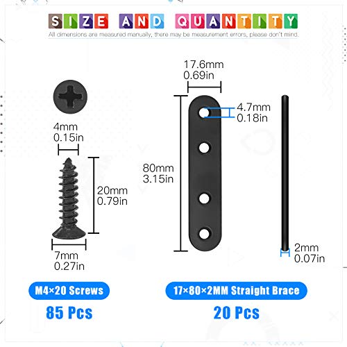 Glarks 20 Sets 80mm Flat Straight Corner Brace Black Metal Joint Plate Connector Repair Fixing Bracket with 85Pcs Screws for Wood Furniture (80x2mm) - size: 80x2mm