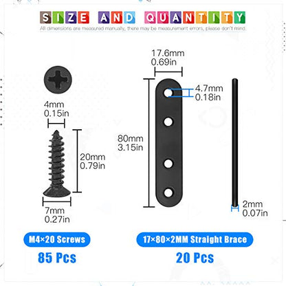Glarks 20 Sets 80mm Flat Straight Corner Brace Black Metal Joint Plate Connector Repair Fixing Bracket with 85Pcs Screws for Wood Furniture (80x2mm) - size: 80x2mm
