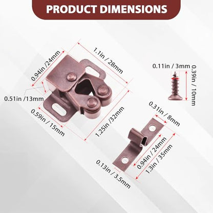 8 Pcs Cabinet Latch Double Roller Catch, Red Bronze Catch Hardware